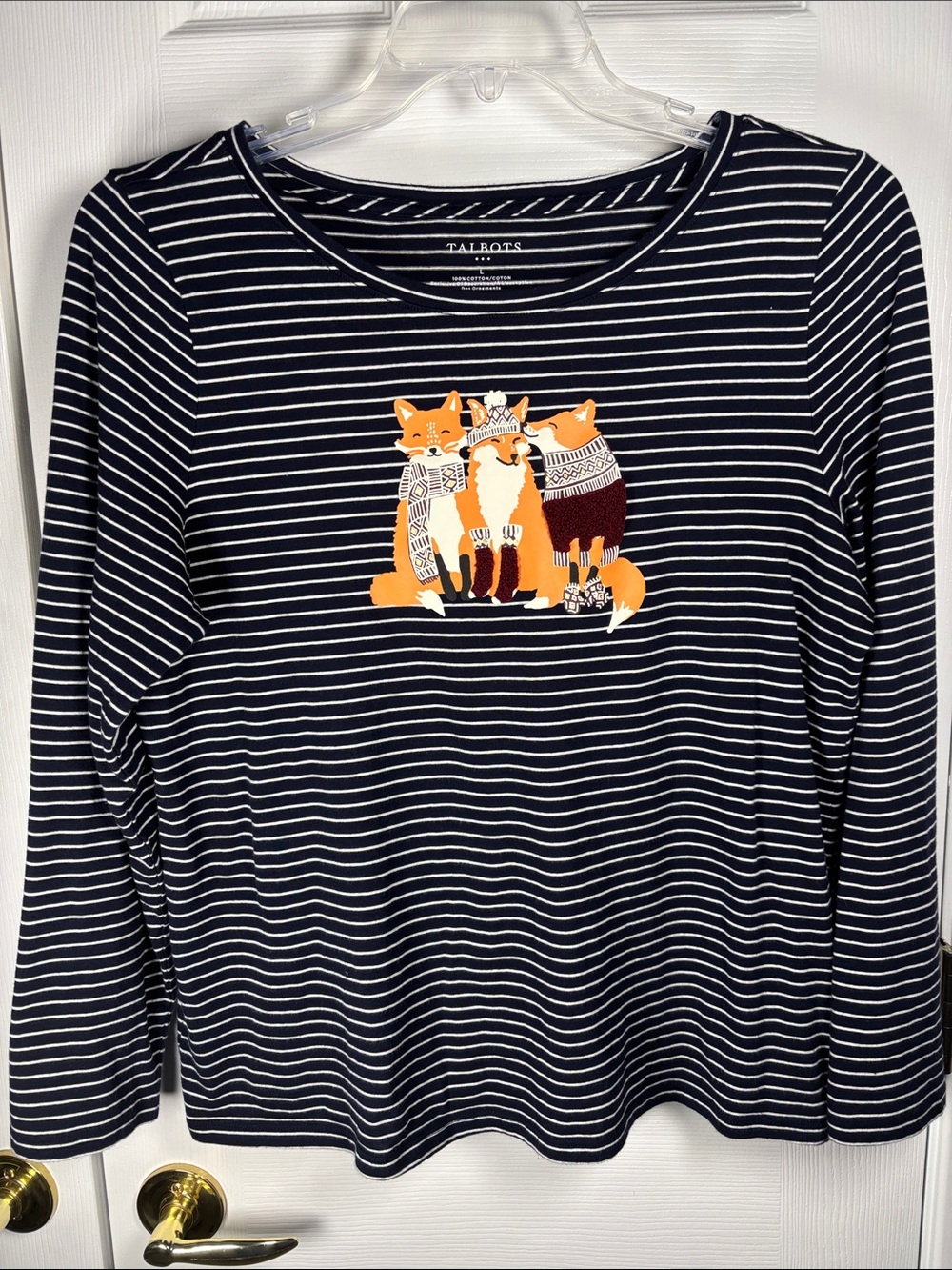 Talbots Navy Blue White Stripe Foxes Crew Neck Shirt Large